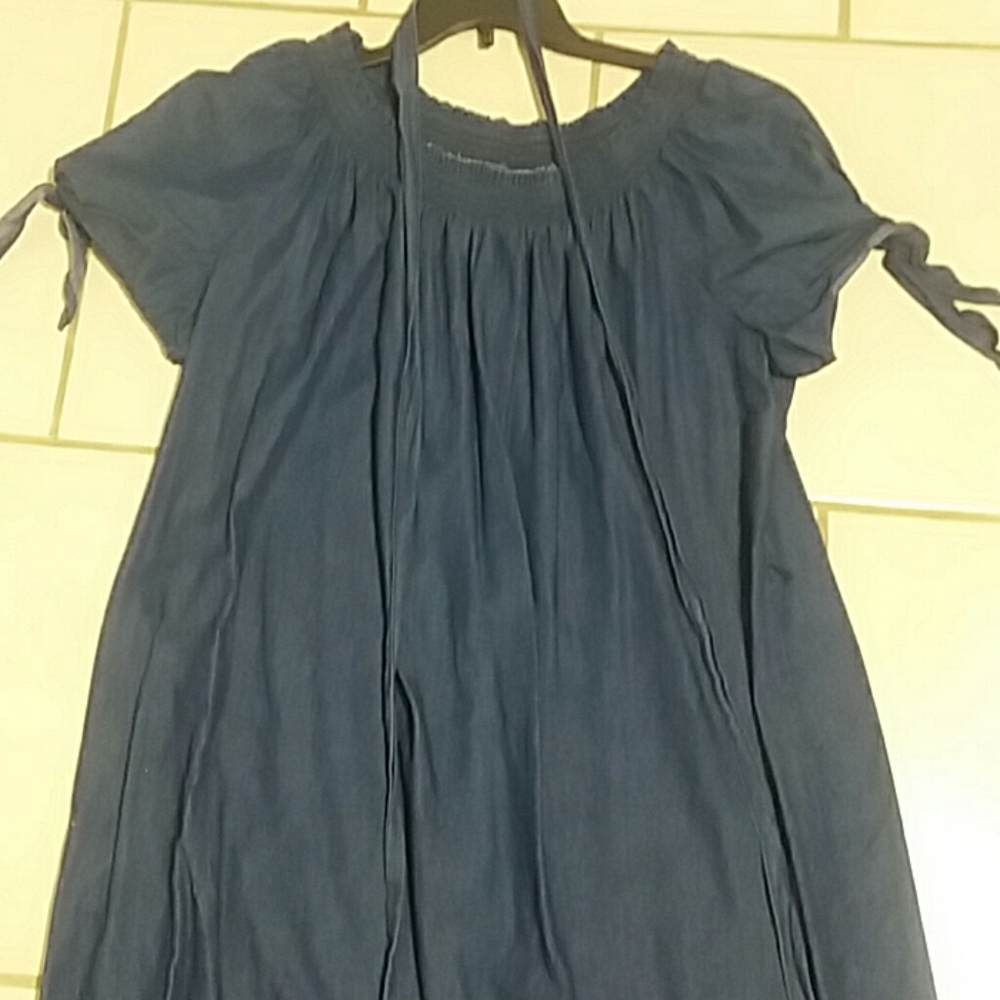 Ladies denim on shoulder or off shoulder dress.